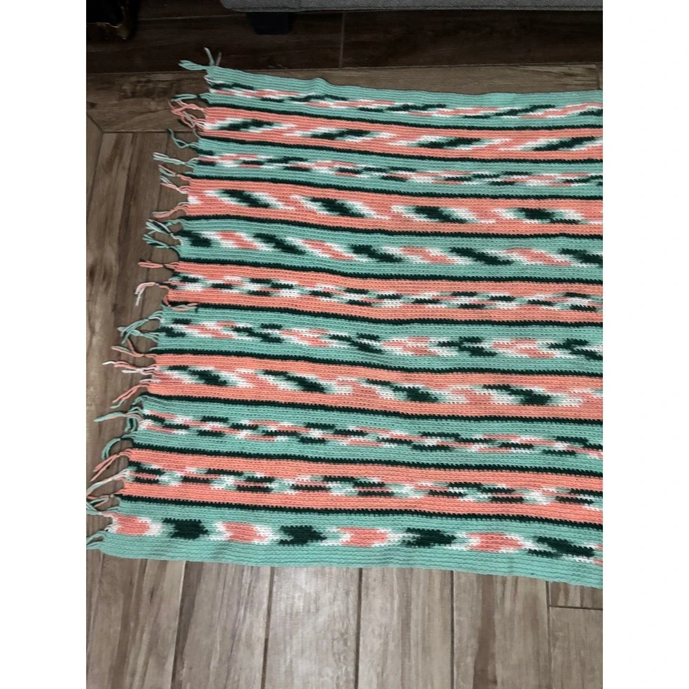 Vintage‎ Handmade Crochet Southwest Style Throw Blanket Afghan 37x72 Fringe
